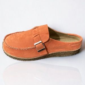 Women's Metallic Buckle Decor Mules, Slip On Lightweight/ Color, Apricot Orange
